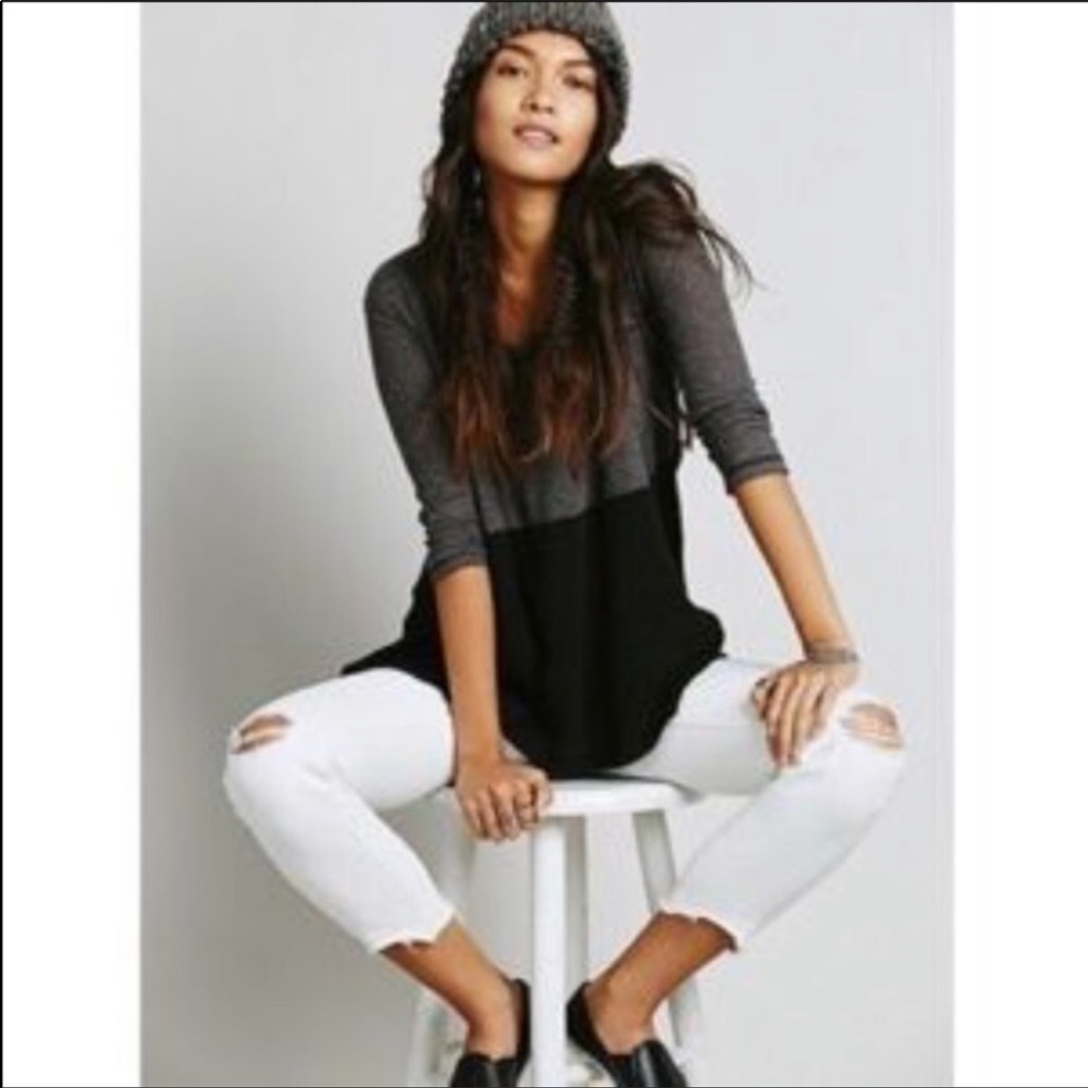 Free People Rare Grey and Black Drippy Thermal Top - Picture 2 of 8